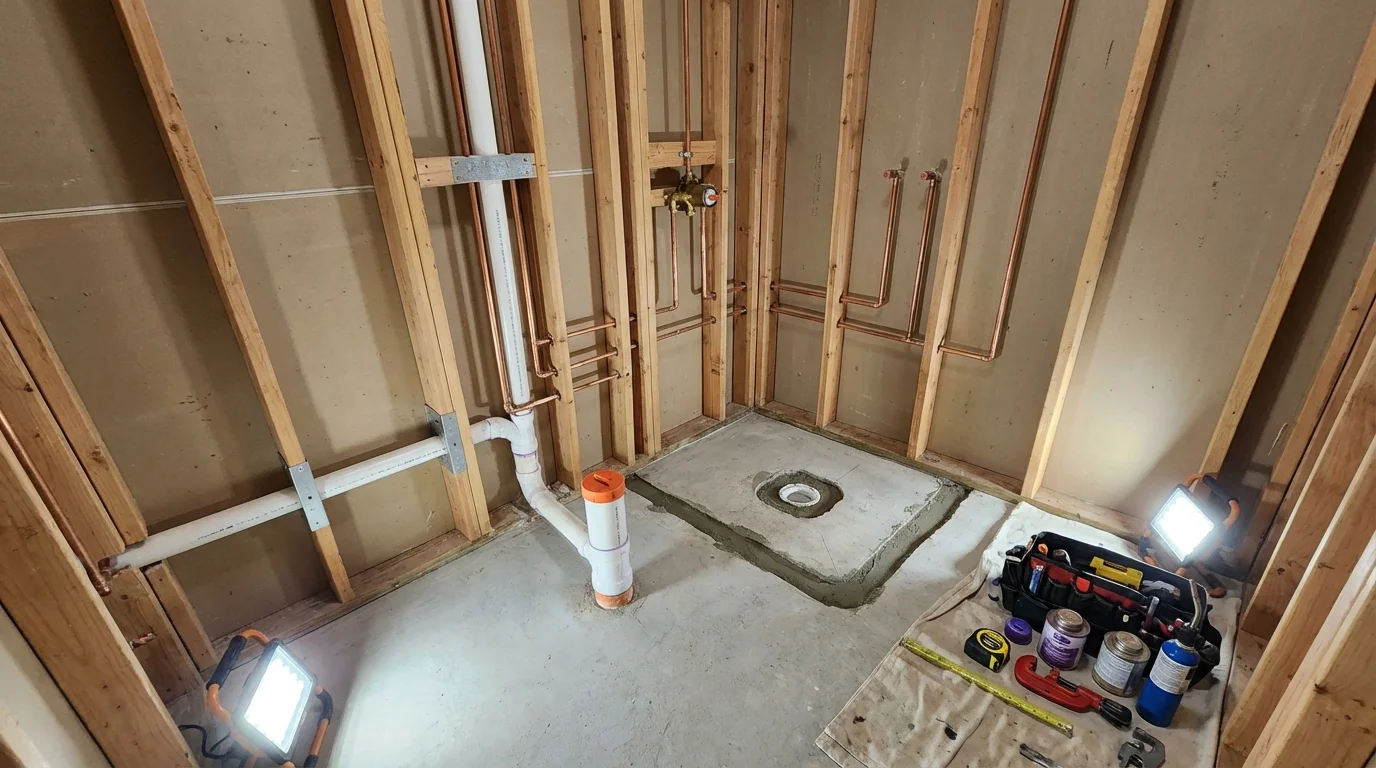 Bathroom rough-in plumbing during remodel by Johns Plumbing LLC in Hampden Sydney
