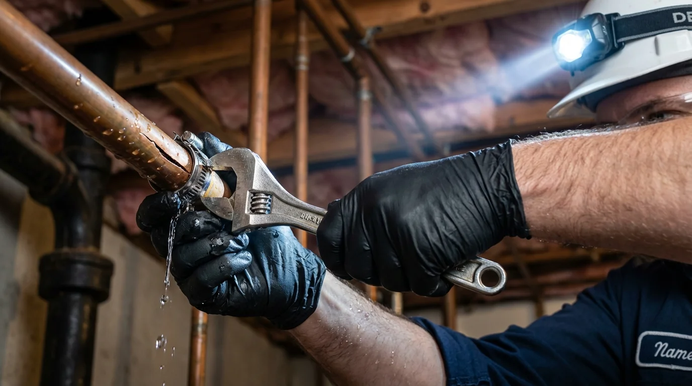 Emergency pipe clamp repair being performed by a Johns Plumbing LLC plumber in Hampden Sydney
