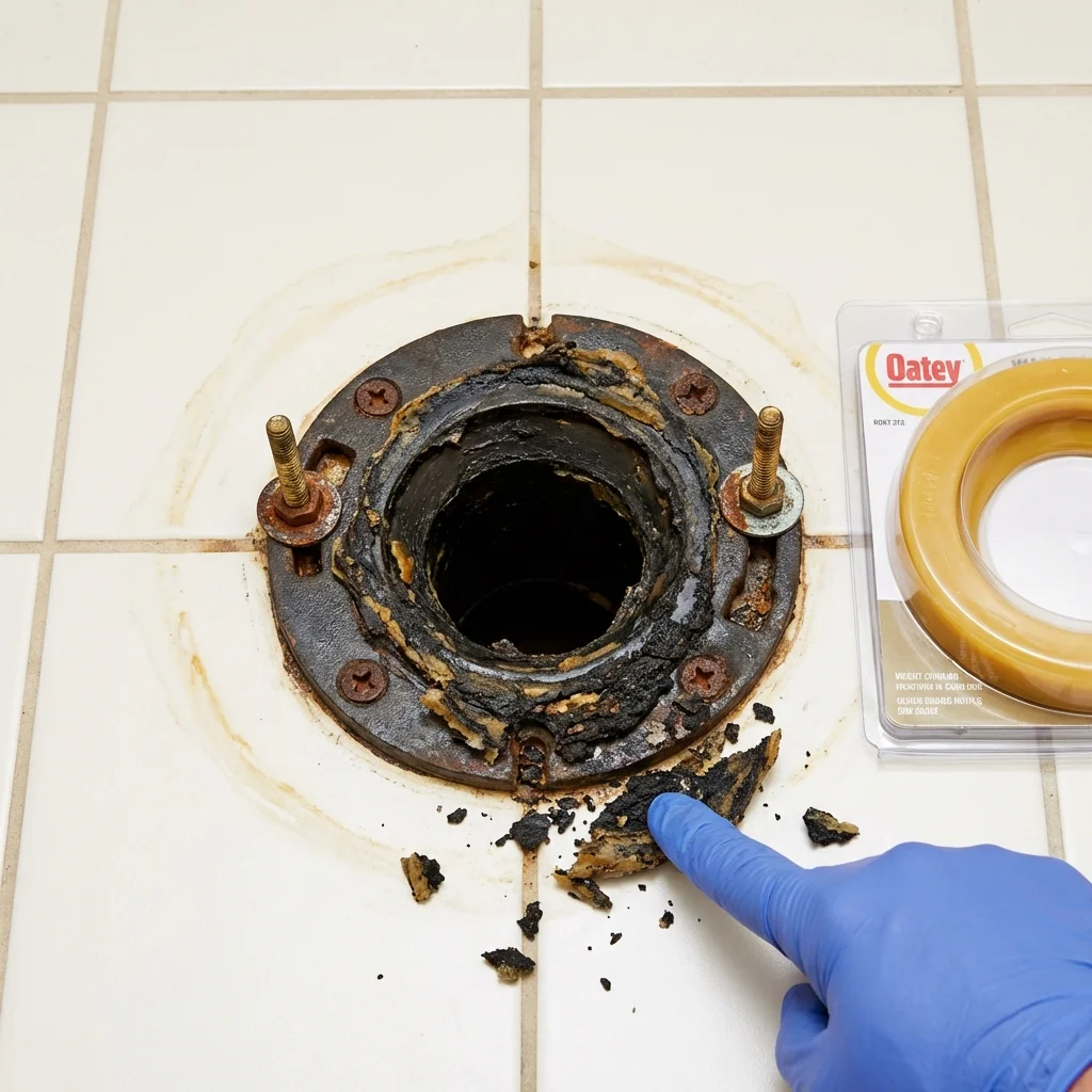Failed wax ring showing water seepage at the base of a toilet in a Hampden Sydney, VA home