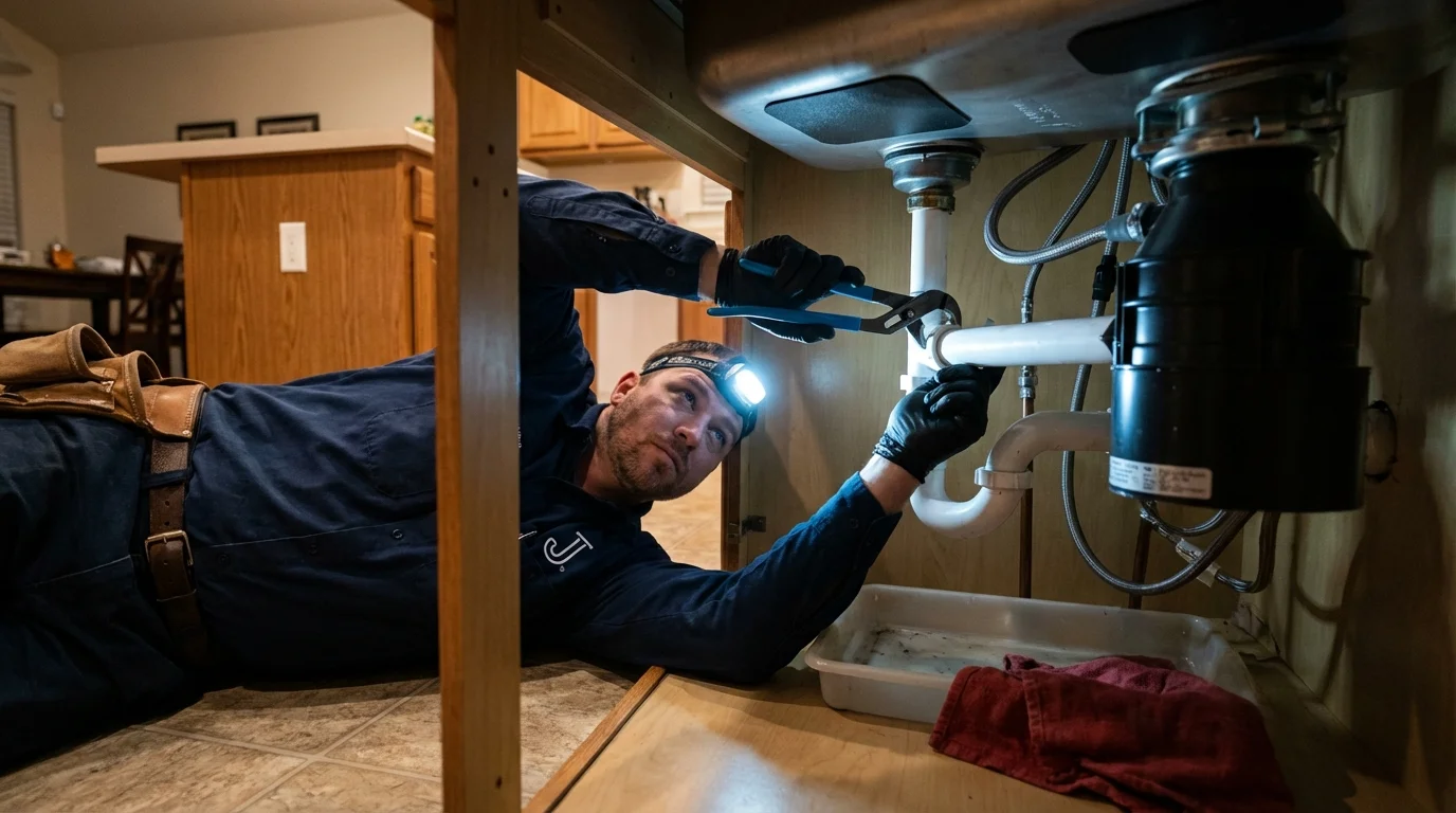 P-trap and supply line connections under a kitchen sink showing a common leak point in Hampden Sydney, VA